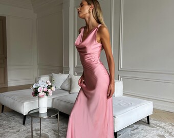パーティードレス Pink Crepe Silk Wool Cocktail Dress Dusty Pink Silk Maxi Cowl Neck Dress, Silk Women's Dress for