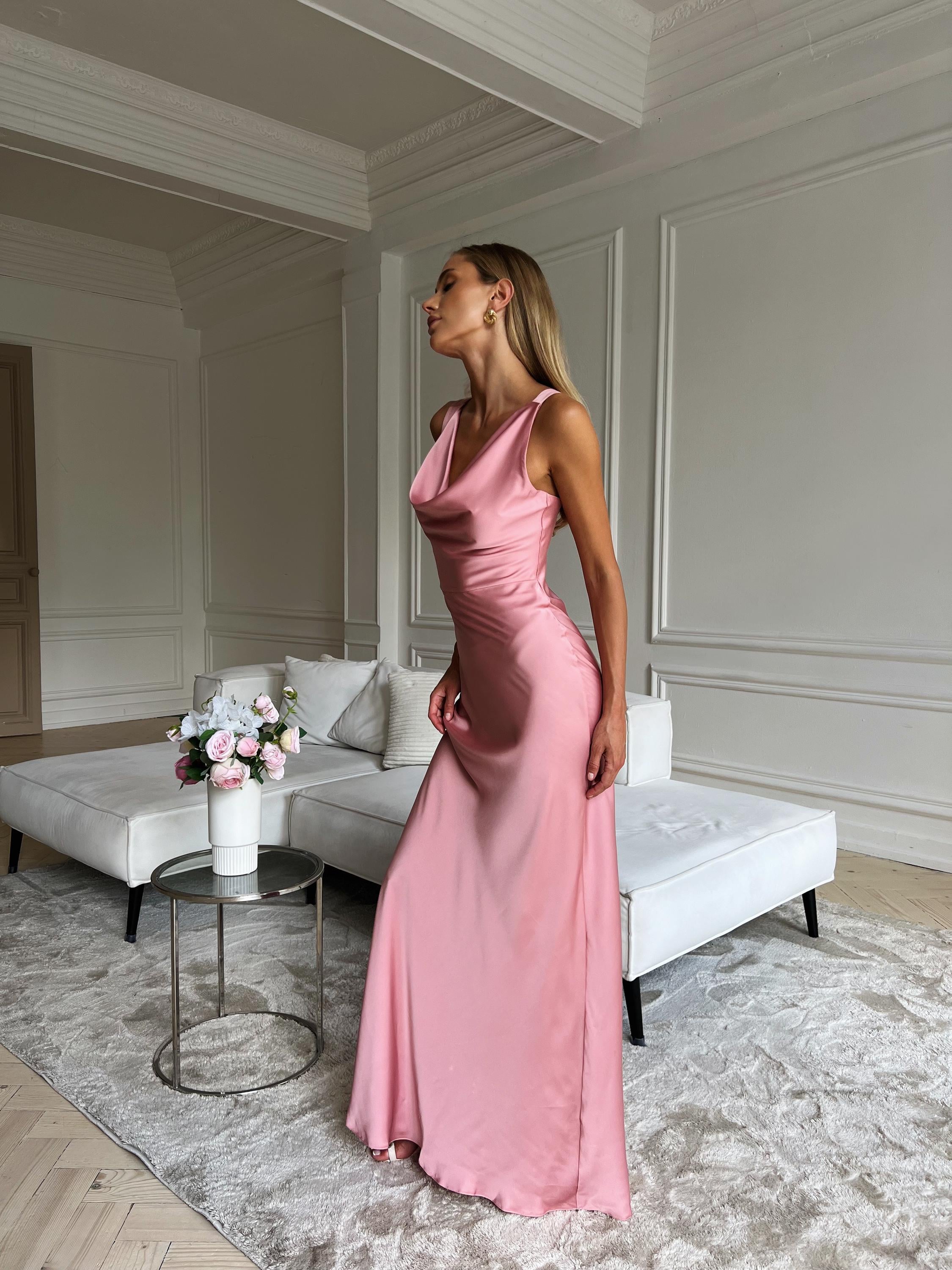 blush pink silk dress Blush Pink V Neck Silk Satin Long Sheath Bridesmaid Dresses DM24081210 Dressmeet