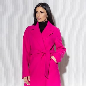 Hot pink wool wrap coat, Wool Wrap Coat, Womens Wool Coat with belt, Elegant Wool Coat, Wool pink coat women, Long Wrap pink Coat