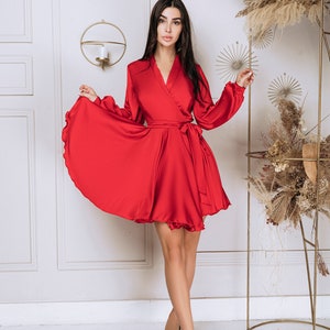 Red Silk Wrap Mini Dress, Special Occasion Silk Dress Wedding Guest Silk Dress red Silk Dress with Long Sleeves, Red mini dress with sleeves image 3