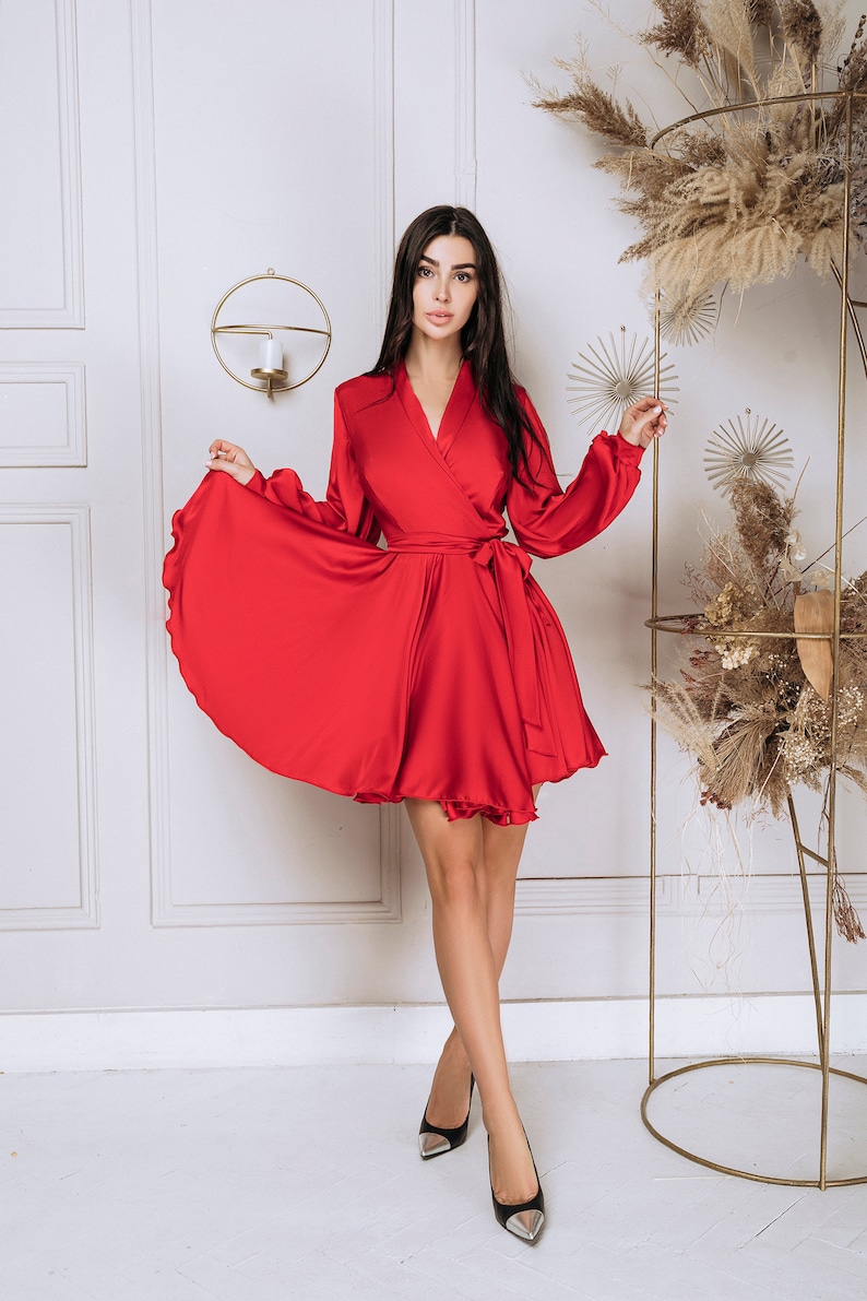 Red Silk Wrap Mini Dress, Special Occasion Silk Dress Wedding Guest Silk Dress red Silk Dress with Long Sleeves, Red mini dress with sleeves image 3