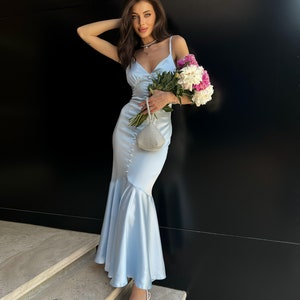 Light Blue silk slip dress with deep v-neck, Light Blue bridesmaid silk dress without sleeves, Sky Blue Silk Midi Slip Dress, Silk Prom Slip