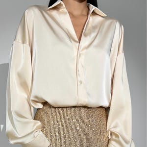 Champagne Silk Collared Blouse, Long Sleeve Ivory Top image 1