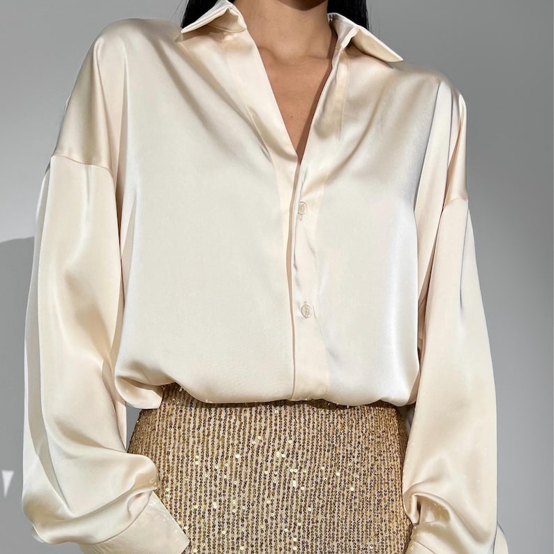 Champagne Silk Collared Blouse, Long Sleeve Ivory Top image 1