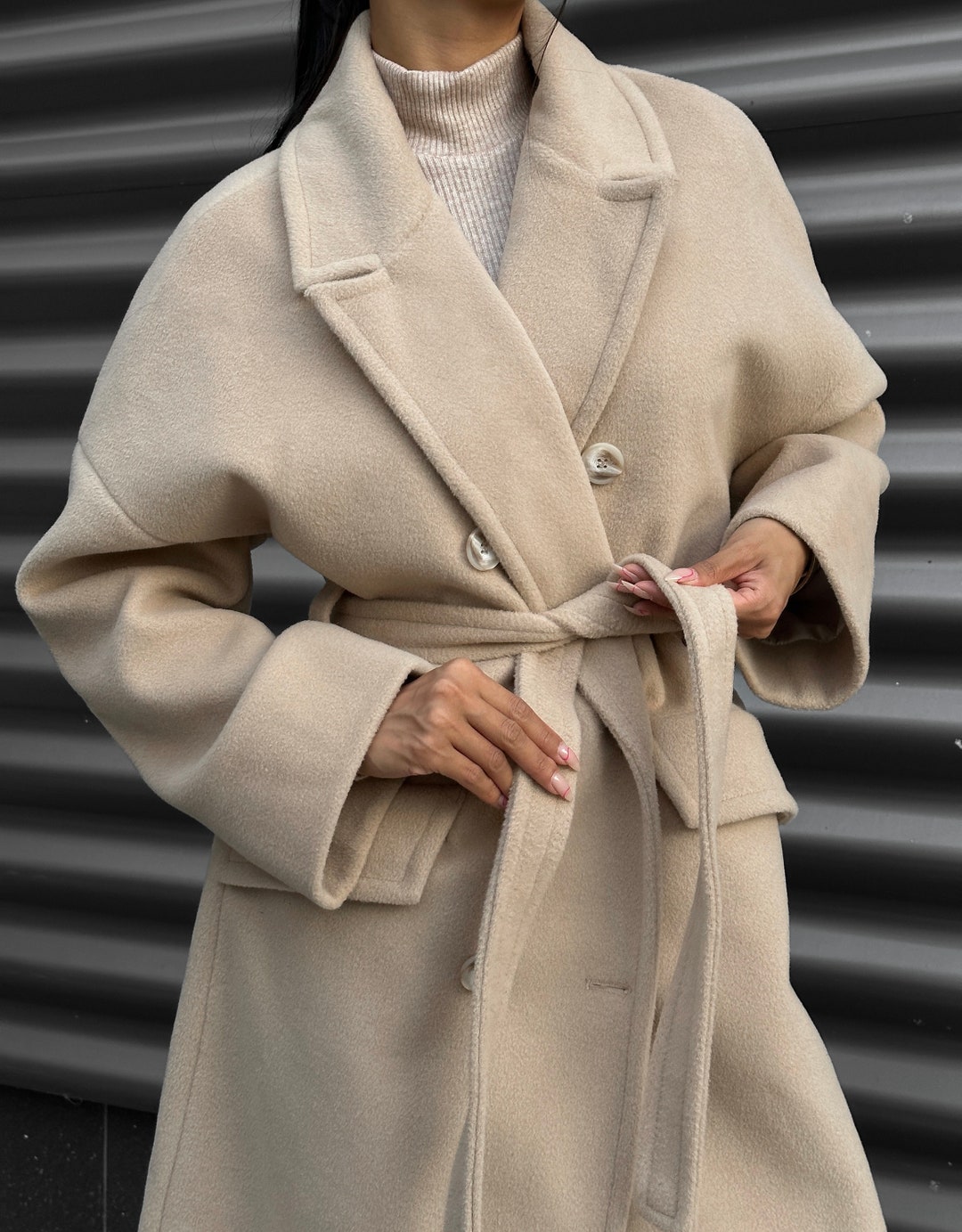 Beige Winter Coat for Women, Wool Wrap Winter Coat With Belt for Women