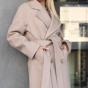 Soft Beige Wool Coat for Women, Long Belted Maxi Wrap Style with Wide Lapels, Neutral Warm Outerwear, Elegant Fall to Winter Overcoat