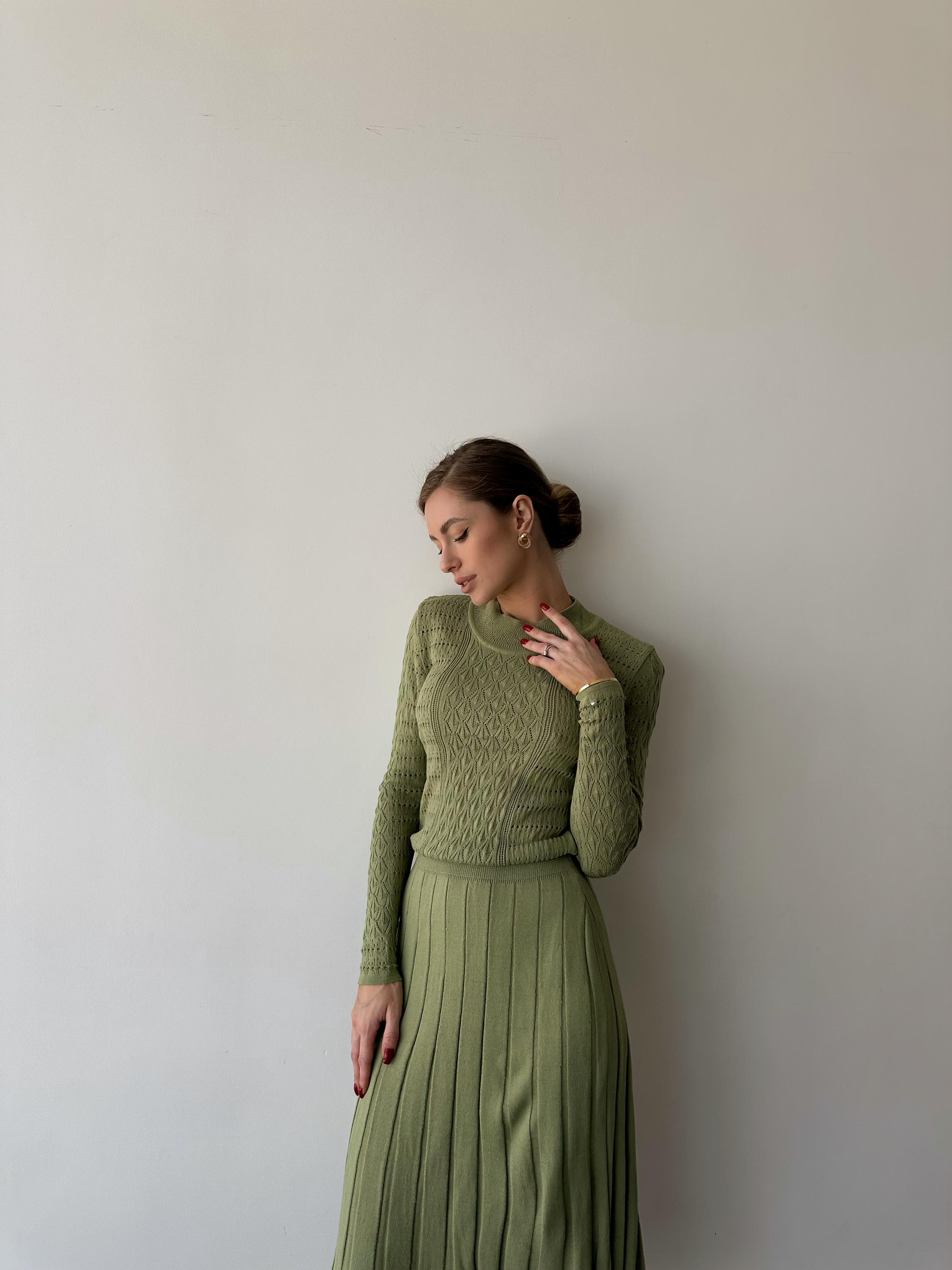 Olive Green Knit Midi Dress with Semi Sheer Long Sleeves for Fall/Spring Olive Green Knit Midi Dress with Semi Sheer Long Sleeves for Fall/Spring