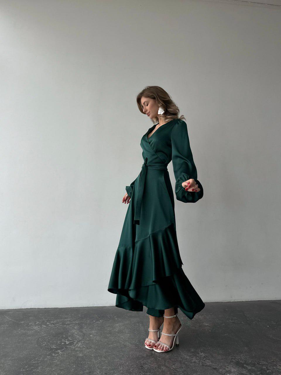 Emerald Green Silk True Wrap Maxi Dress with Long Bishop Sleeves Emerald Silk Wrap Wedding Guest Gown, Kentucky Derby Dress