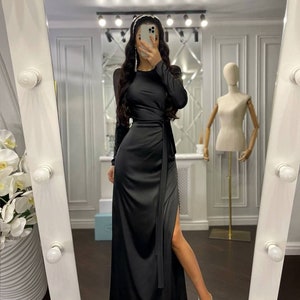Black Floor long Silk Dress, Black Silk Maxi Dress, Elegant Silk Dress Long Sleeve, Silk Modest Dress Maxi length image 4