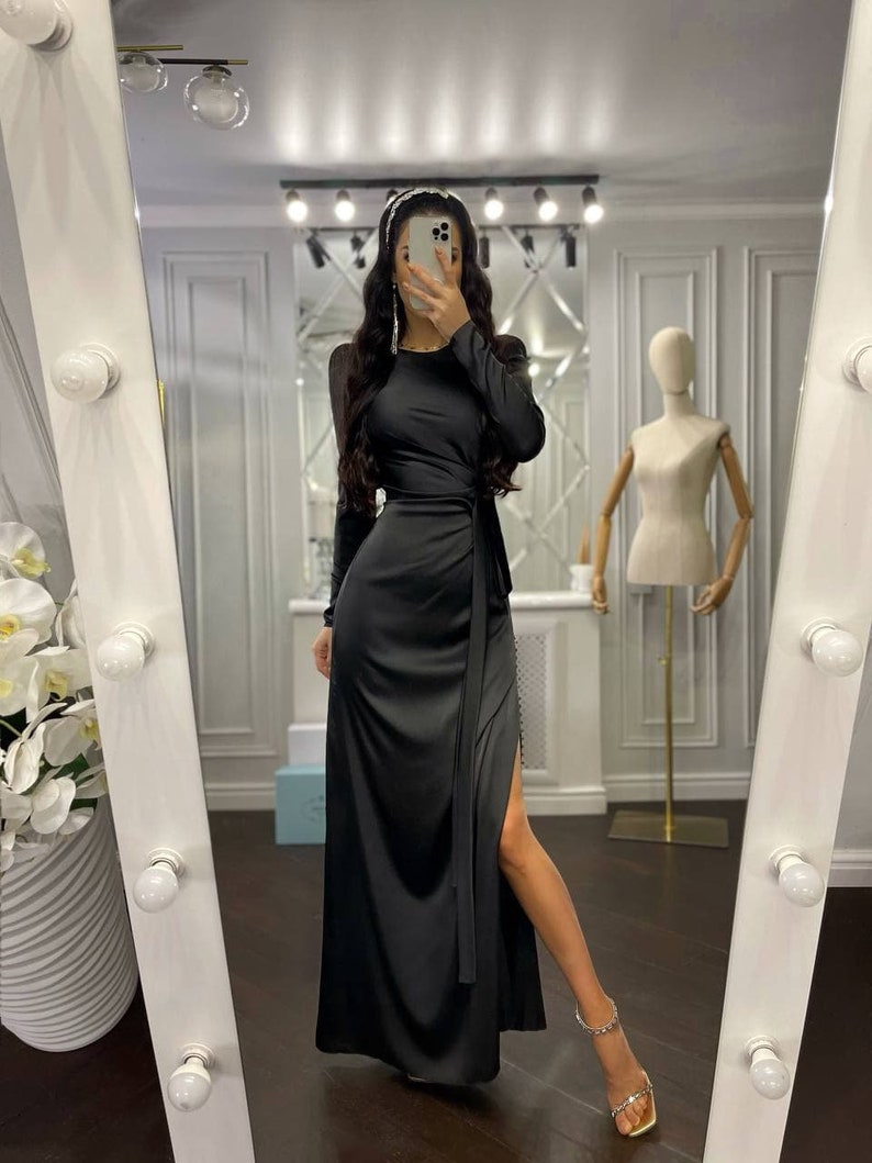 Black Floor long Silk Dress, Black Silk Maxi Dress, Elegant Silk Dress Long Sleeve, Silk Modest Dress Maxi length image 4