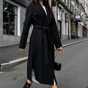 Black Wool Robe Coat, Oversized Wrap Coat with Belt Fall/Spring for Women