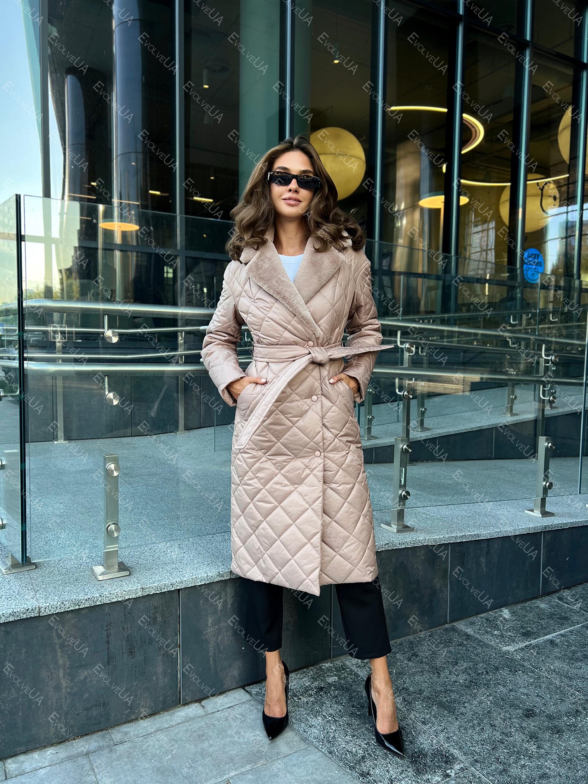 Beige Wrap Midi Winter Puffer Coat for Women with Fur Collar, Warm Winter Coat with Belt for Women, Winter Outerwear Womens
