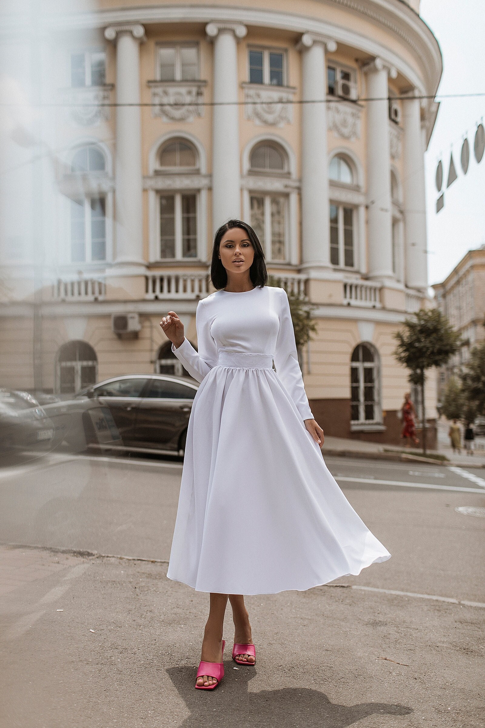 White Modest Midi Dress for Civil Wedding Courthouse Wedding - Etsy UK