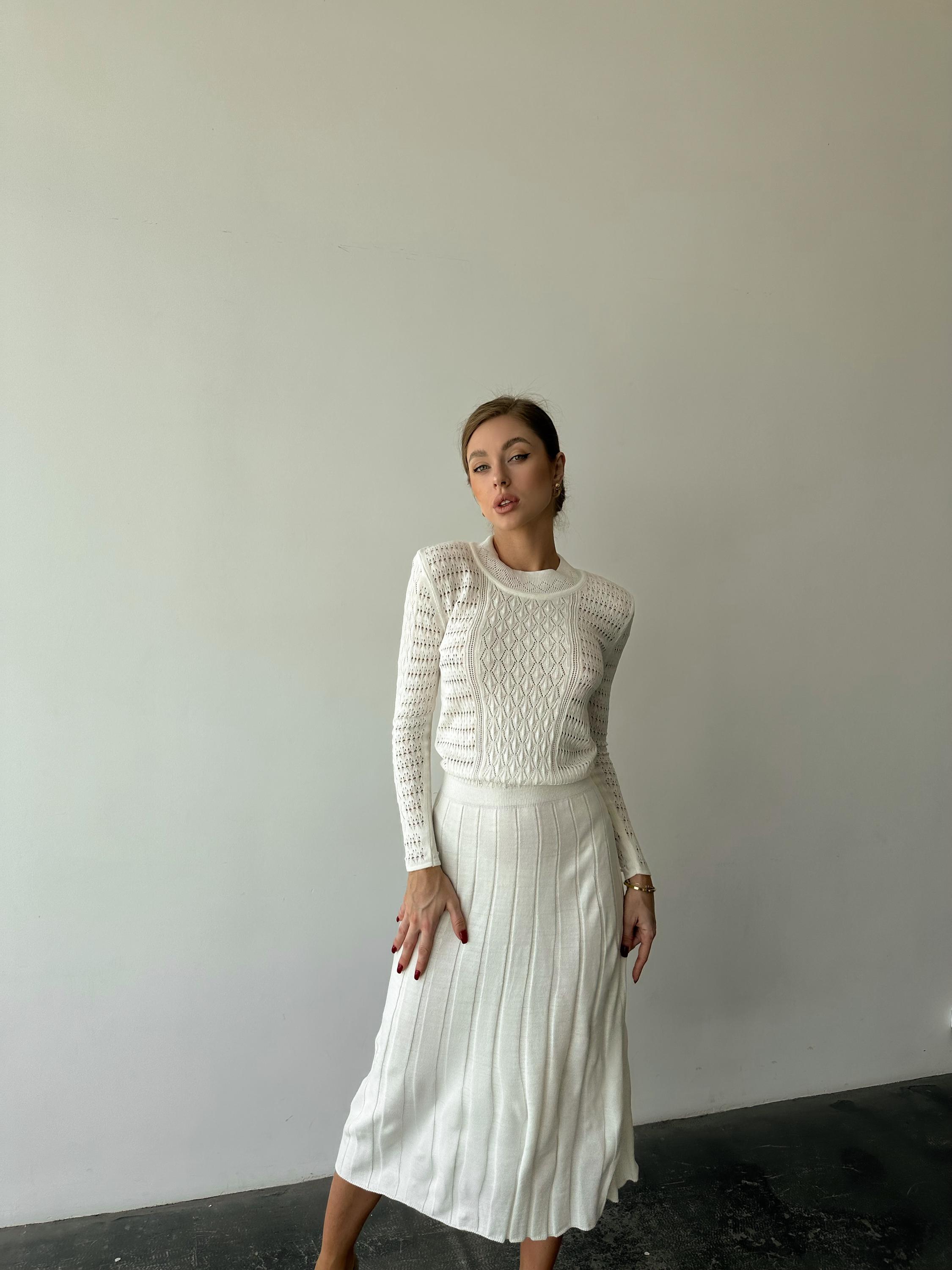 White Openwork Knit Midi Dress with Long Sleeves and Pleated Skirt