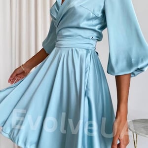 Light Blue silk wrap dress for women, Short Silk wrap dress with bracelet sleeves, Wedding Guest Silk Dress Mini, Silk wrap mini dress