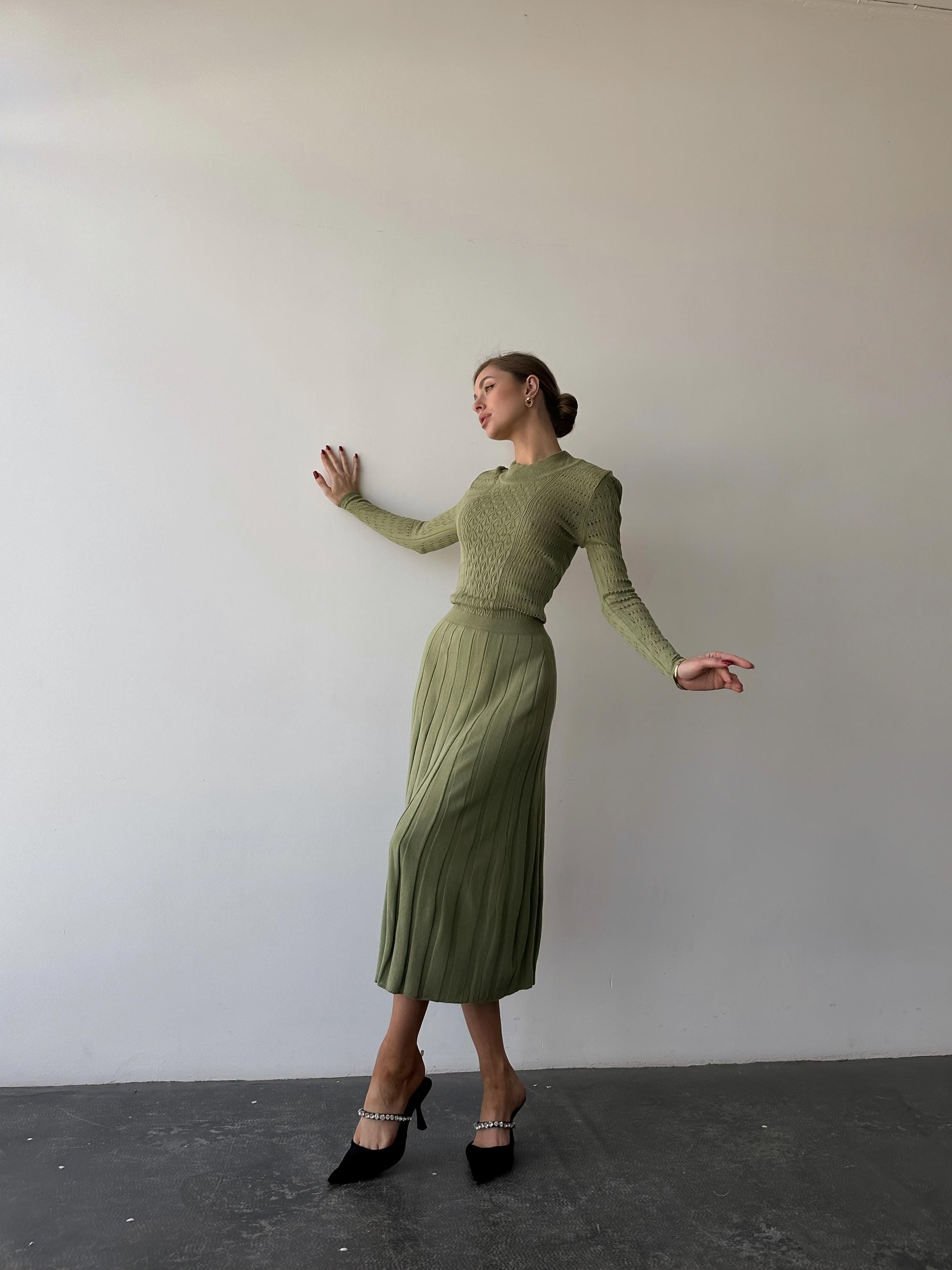 chinese dress ladies Green Ribbed Knit Long Sleeves Dress Large main image 0
