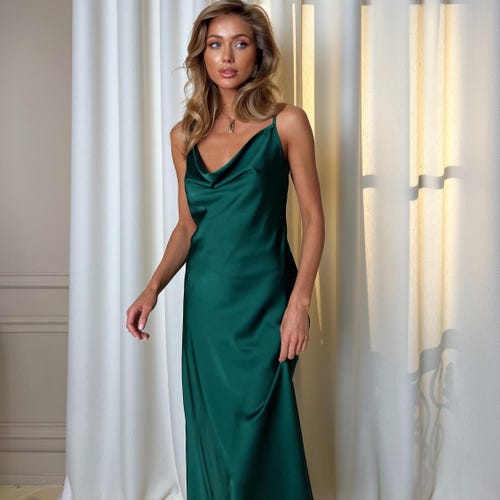 Emerald Silk Slip Midi Dress with Cowl Neck for Special Occasions, Wedding guest Emerald Silk Slip Midi Dress with Cowl Neck for Special Occasions, Wedding guest