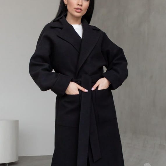 Black Wool Robe Coat, Oversized Wrap Coat With Belt - Etsy