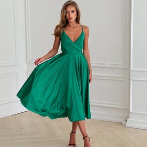 Grass Green Silk Midi Slip Circle Skirt and Bow tie back, Silk Open Back Midi Slip Dress for Special Occasions, Garden Party Outfit