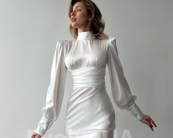 White Silk Open Back Dress with Long Sleeves, White Silk Midi Dress for Elopement, Silk Turtleneck Dress with Open Back for Civil Wedding