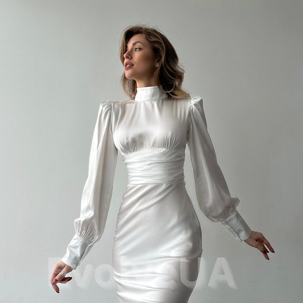 White Silk Open Back Dress with Long Sleeves, White Silk Midi Dress for Elopement, Silk Turtleneck Dress with Open Back for Civil Wedding
