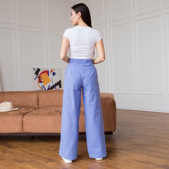 Womens Jeans High Waist Denim Pants Palazzo Trousers Wide Leg Loose Casual  Blue | eBay