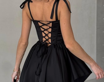 Black Satin Romper with Corset Bodice and Skirt Overlay