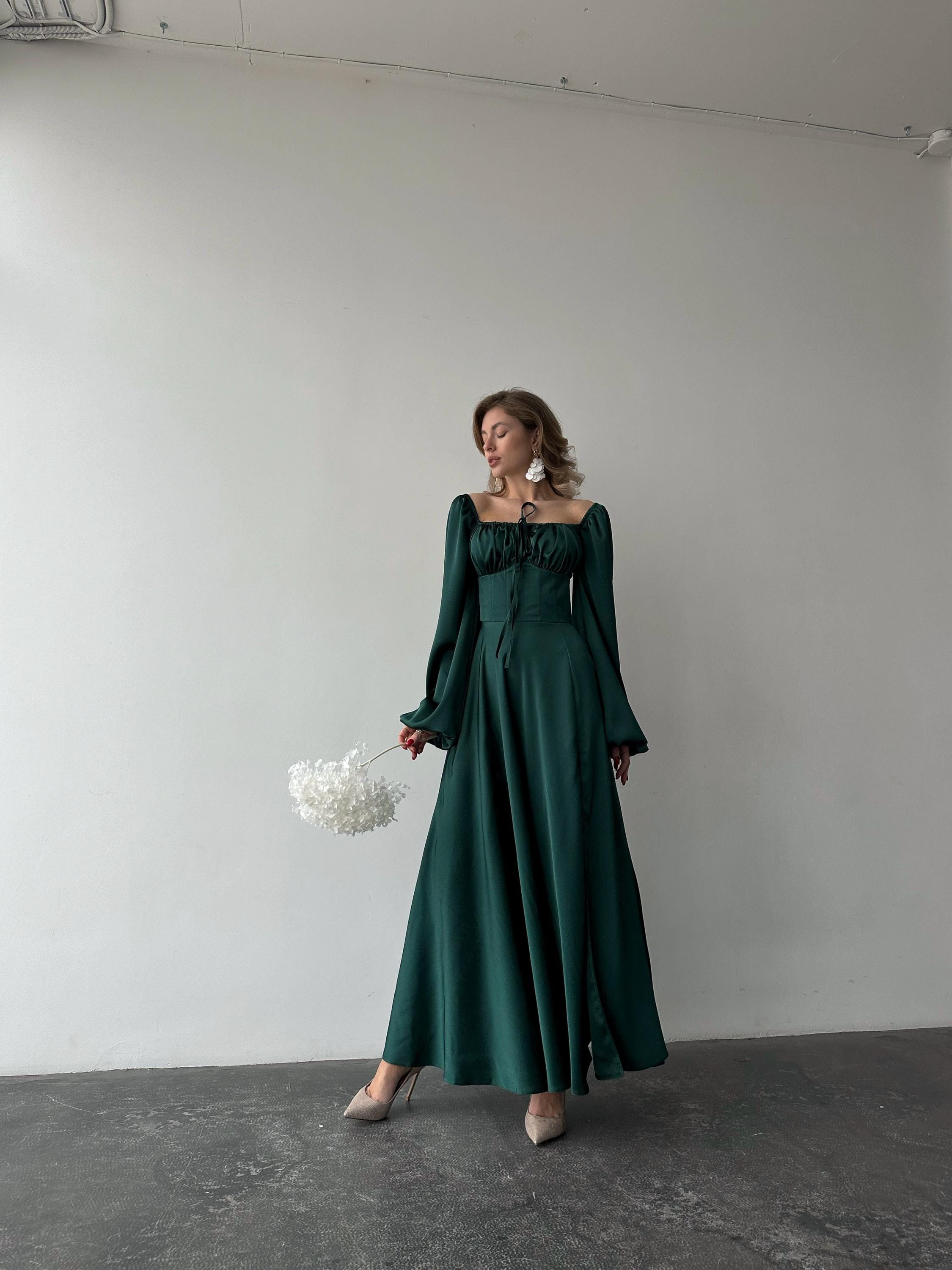 Emerald Green Satin Maxi Dress With off Shoulder Sleeves and Side