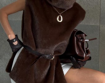 Chocolate Brown Faux Fur Vest, Women’s Sleeveless High Neck Waistcoat with Belt Fall, car-friendly outerwear womens