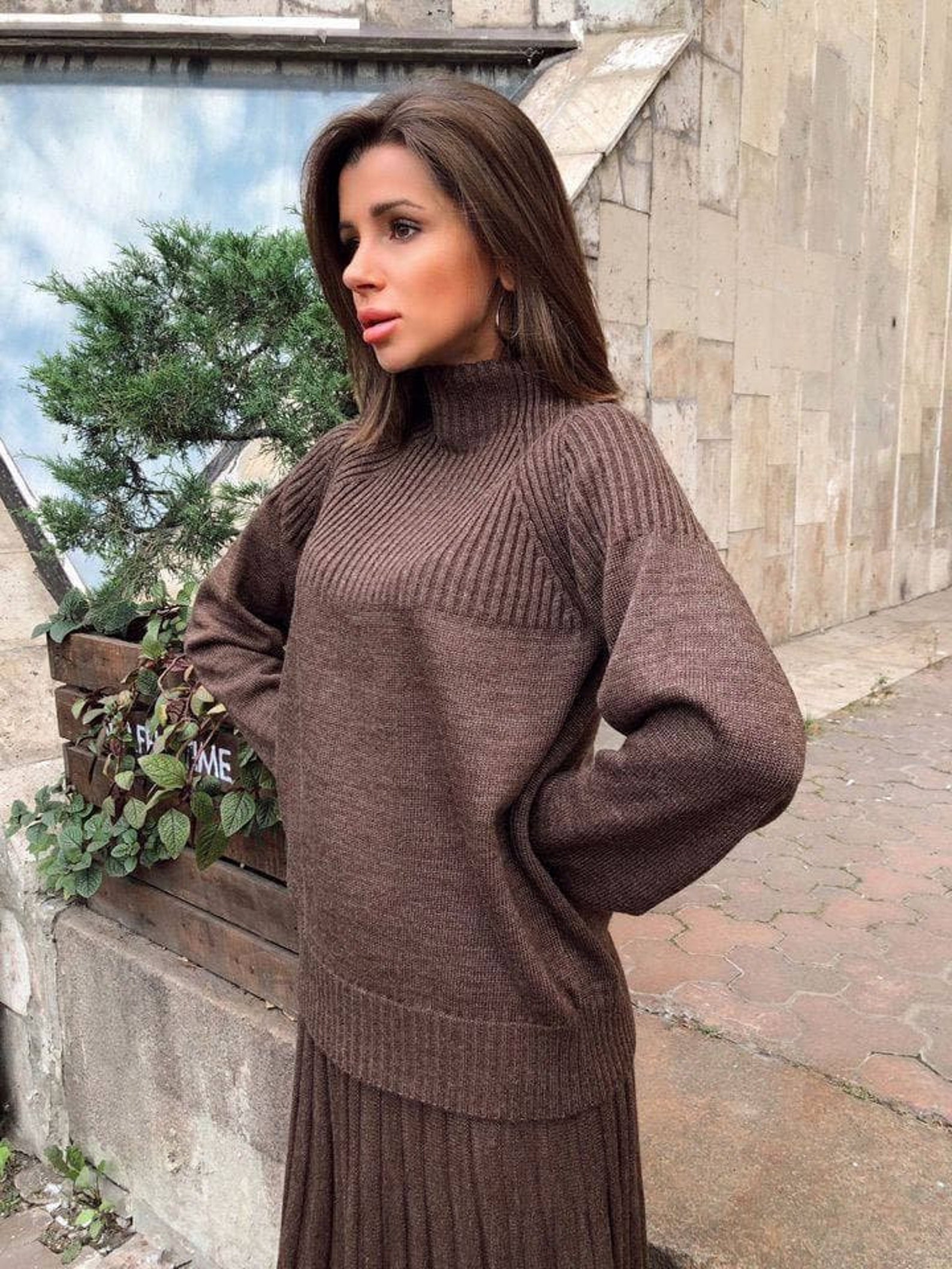 Knit Skirt Suit Set with Pleated Skirt and Oversize Sweater Etsy