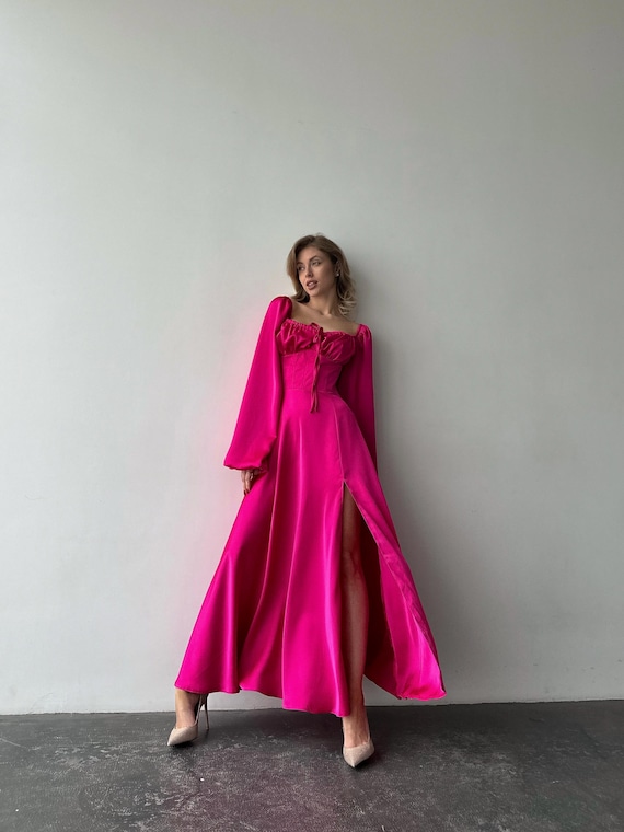 open lace back dress Zapaka Women Hot Pink Spiral Ruffles Prom Dress with Appliques Corset Spaghetti Straps A Line Tulle Long Formal Dress, Hot Pink / US2 main image 1