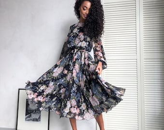 Vestido midi de gasa floral de manga larga, estilo modesto, ideal para primavera.