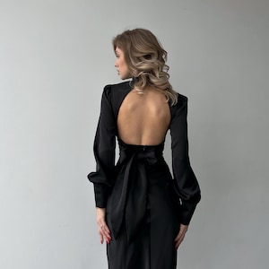 Black Silk Open Back Dress with Long Sleeves, Black Silk Midi Dress Bishop Sleeves, Silk Turtleneck Dress with Open Back