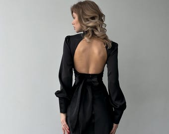 Black Silk Open Back Dress with Long Sleeves, Black Silk Midi Dress Bishop Sleeves, Silk Turtleneck Dress with Open Back