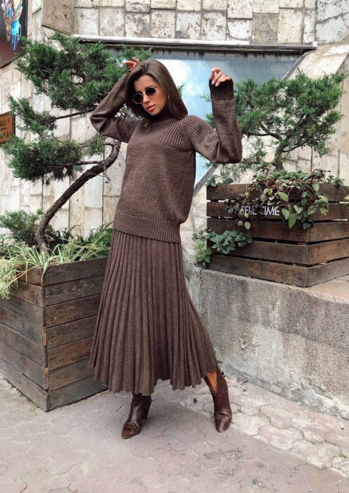 Knit Skirt Suit Set with Pleated Skirt and Oversize Sweater Etsy