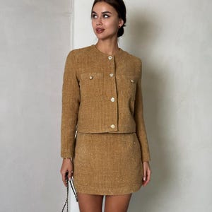 Dark Gold Tweed Jacket and Skirt Suit set for women, Mini Skirt and Short Blazer Set for Winter holidays, Classy mini skirt co-ord set