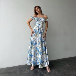 White Dress With Blue Floral Maxi - Etsy