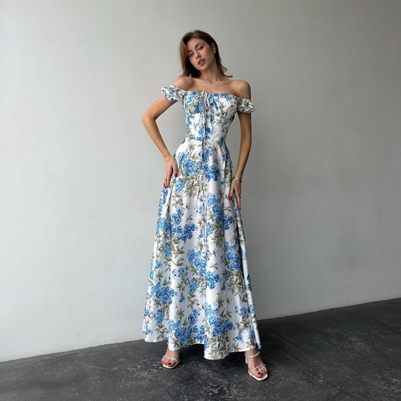 White and Blue Floral Silk Maxi Dress for Summer, Vacation Dress or Honeymoon