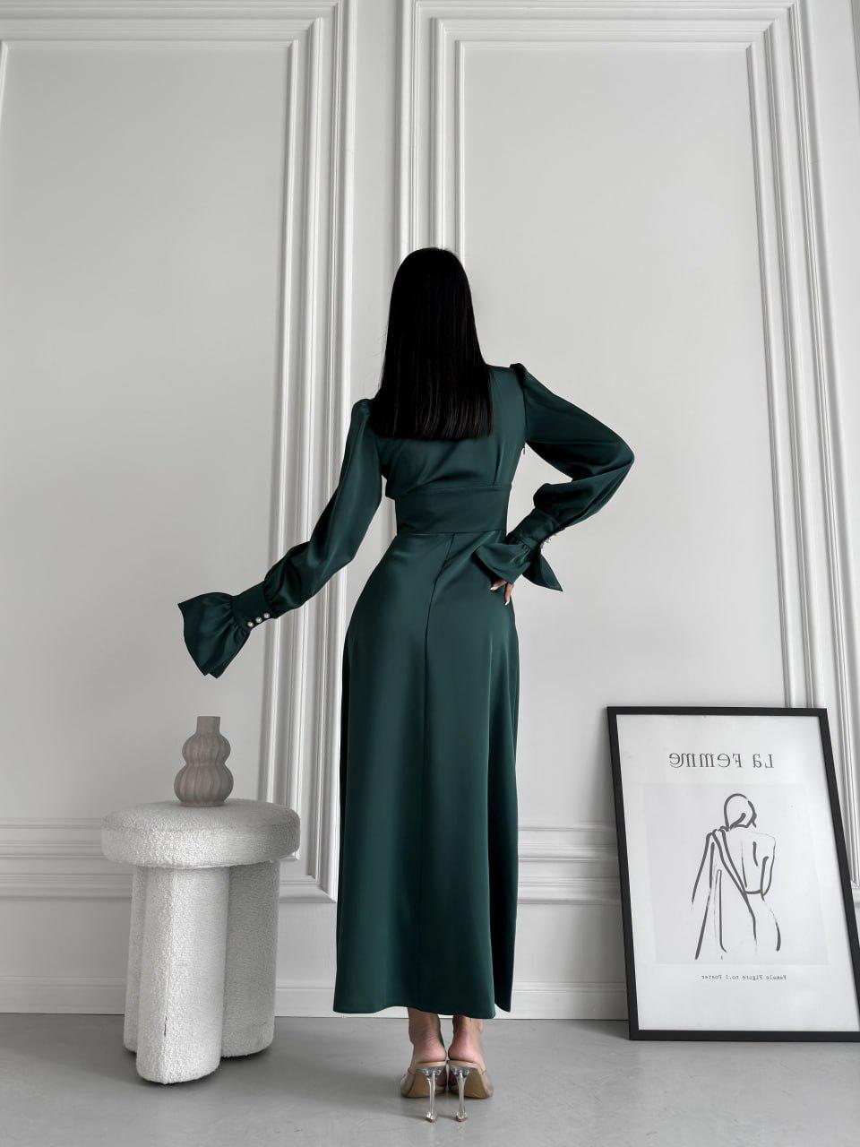 green satin long sleeve midi dress Emerald Green Satin Midi Dress with Long cuffed Sleeves