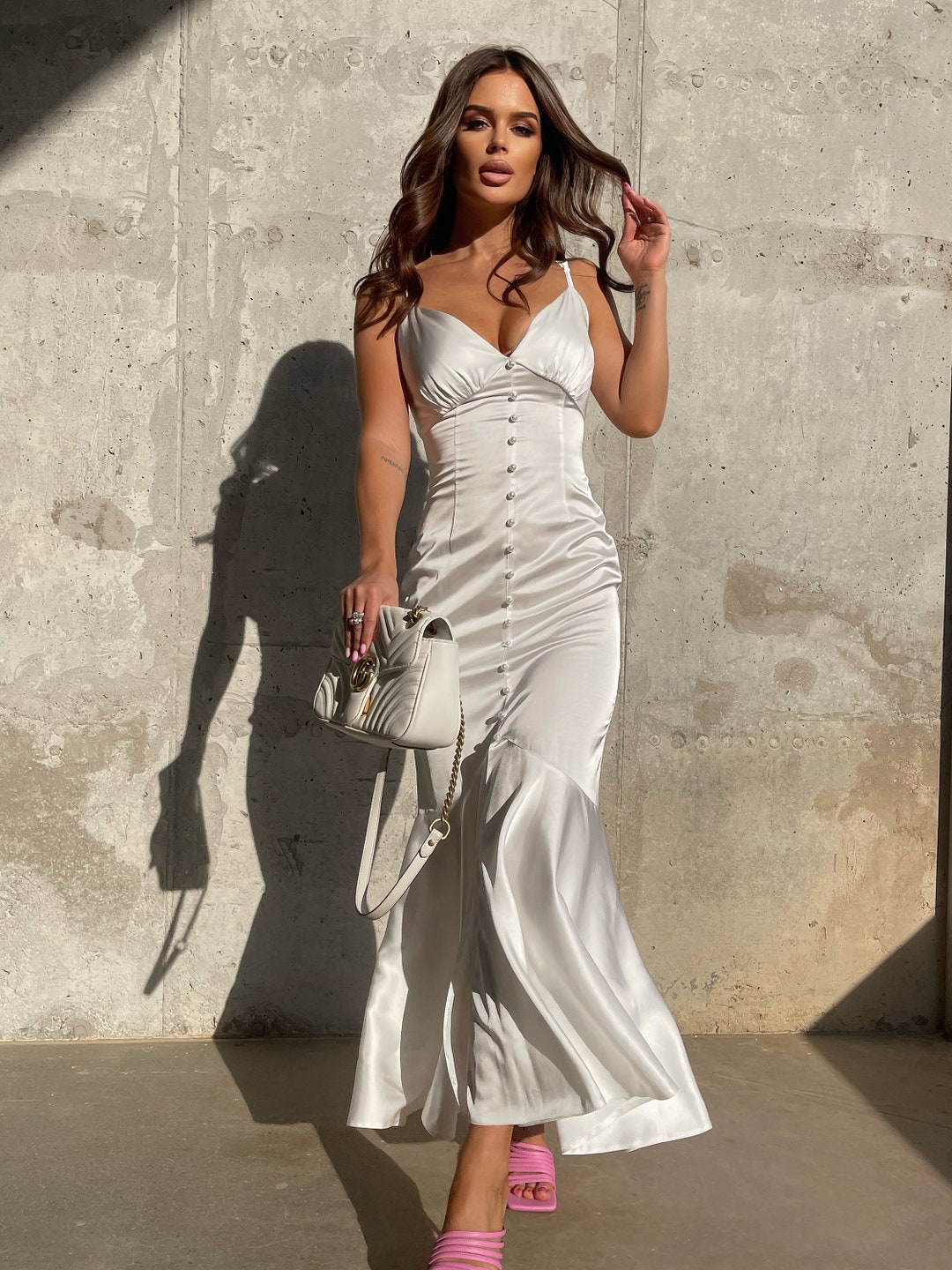 White Silk Slip Dress With Deep Vneck, White Silk Midi Engagement Slip