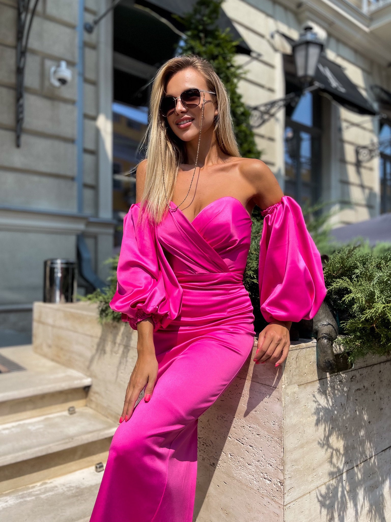 Santino | Hot Pink Twisted Bardot Puff-Sleeve Midi Dress