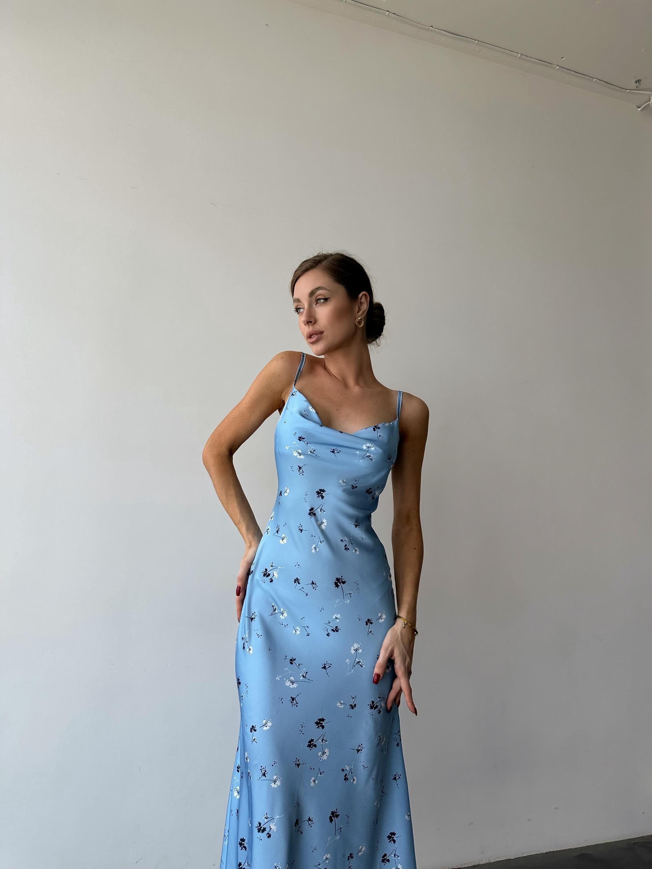 Light Blue Floral Silk Slip midi Dress Cowl Neck Light Blue Floral Silk Slip midi Dress Cowl Neck