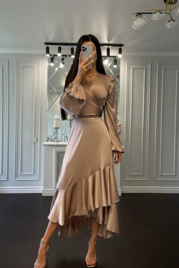 beige frill sleeve women summer maxi dress Satin Wrap With Bishop Sleeves and Ruffled Hem Size:12XL Our Seaside Drift Maxi AW.Bridal A-line V-Neck Tea 12857