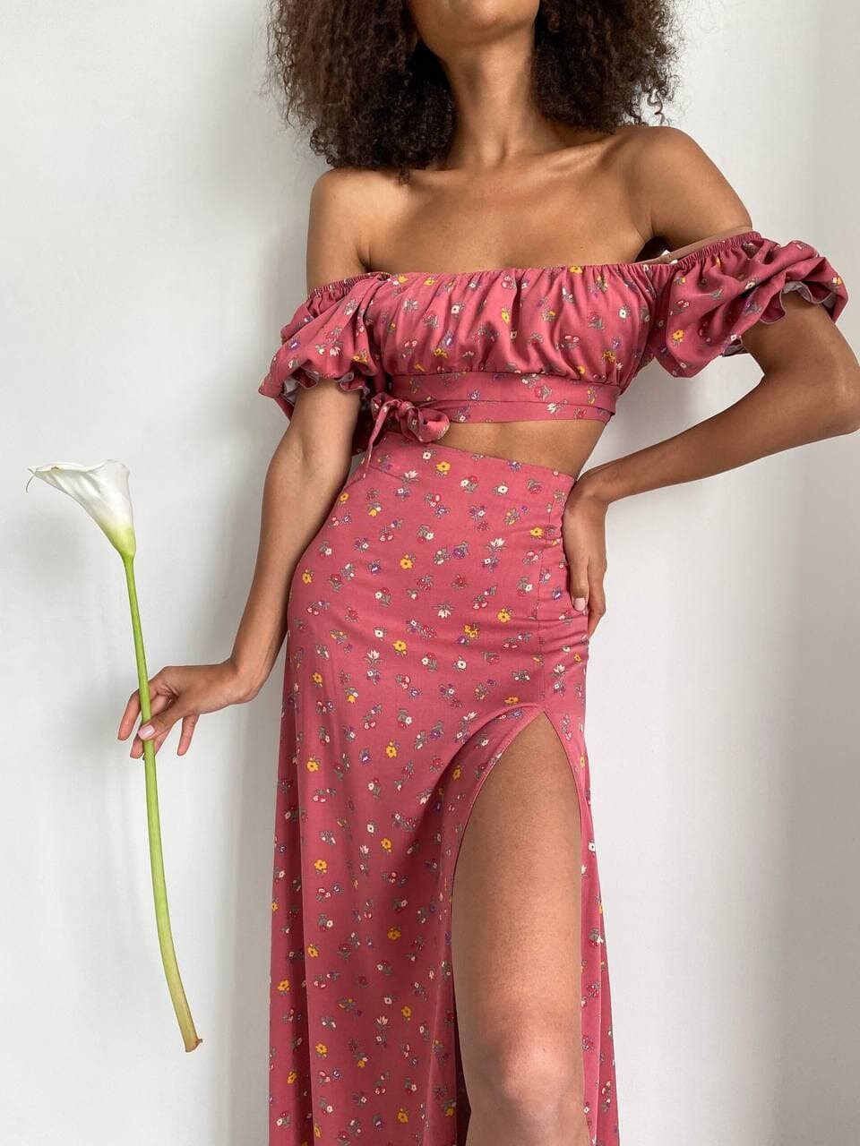 Floral Long Sleeve Top ＆ High Waist Midi Skirt Set 3 piece