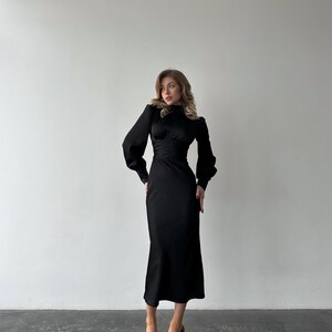 Black Silk Satin Open Back Dress with Long Bishop Sleeves, Turtleneck and back bow tie image 2