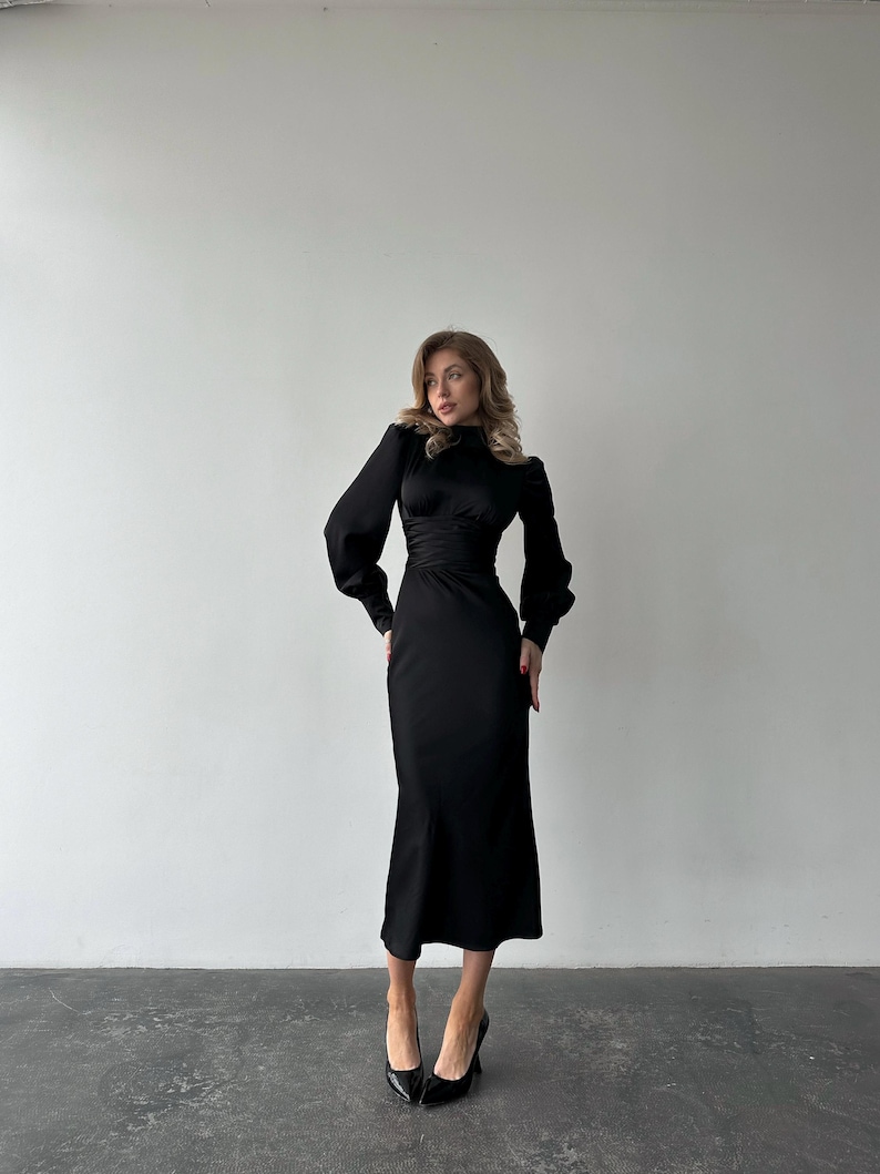 Black Silk Satin Open Back Dress with Long Bishop Sleeves, Turtleneck and back bow tie image 2