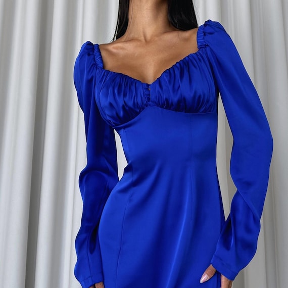 chinese dress ladies Women's Casual Lantern Long Sleeves Round Neck High Waist Shrink Pleated  Flowing Layered Midi Dress Royal Blue at Amazon Women's Clothing store main image 1