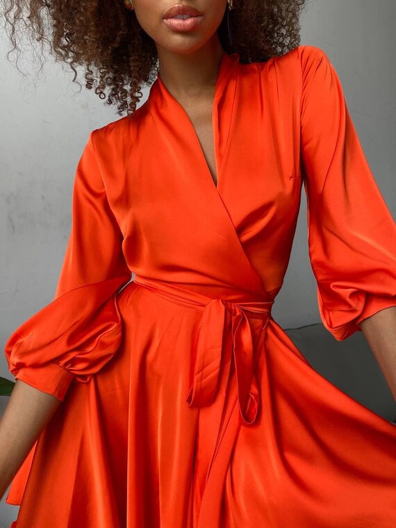 Neon Orange Silk True Wrap mini Dress