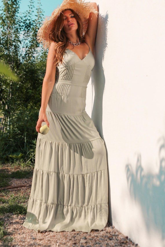 green emerald velvet dress Kona Strapless Pleated Bust Satin Maxi Dress Sage main image 1