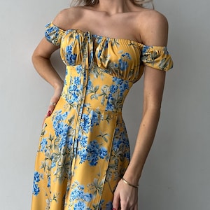 Yellow Floral Silk Maxi Dress with side slit and bustier Top, Floral Silk Maxi Dress for Summer, Vacation Dress for Honeymoon